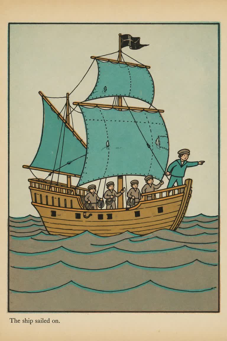 老式绘本插图：帆船在海上航行